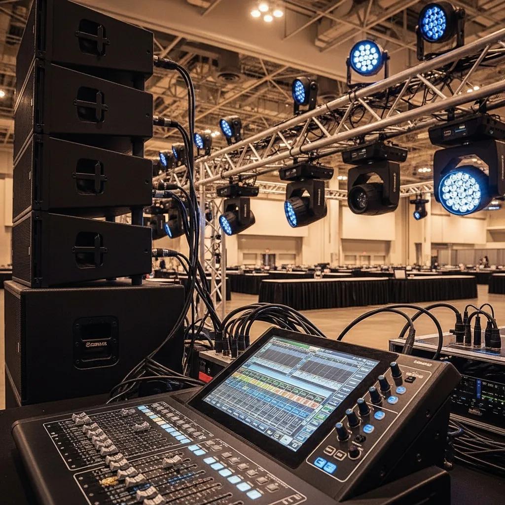 Advanced sound and lighting technology setup for corporate events, showcasing digital mixers and line-array speakers