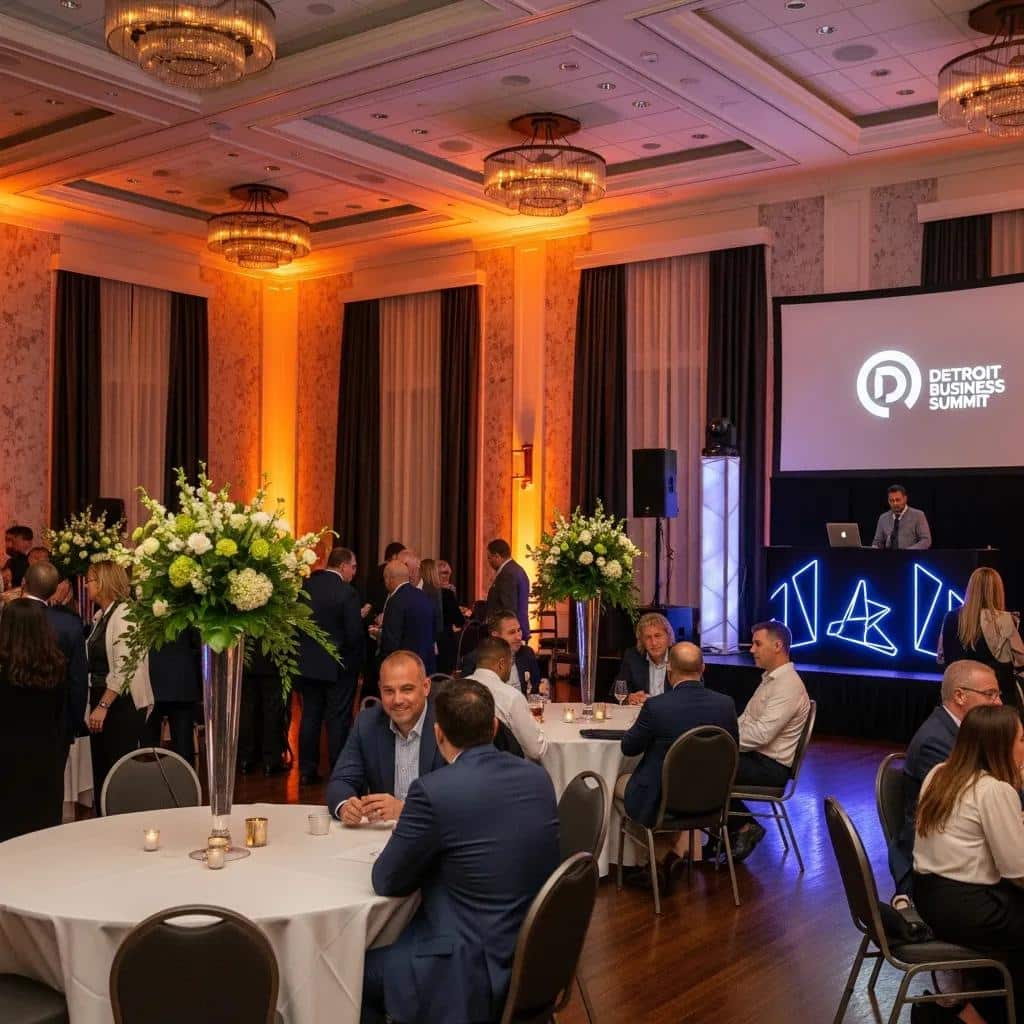Corporate event in a stylish Detroit venue with attendees networking and a DJ setup