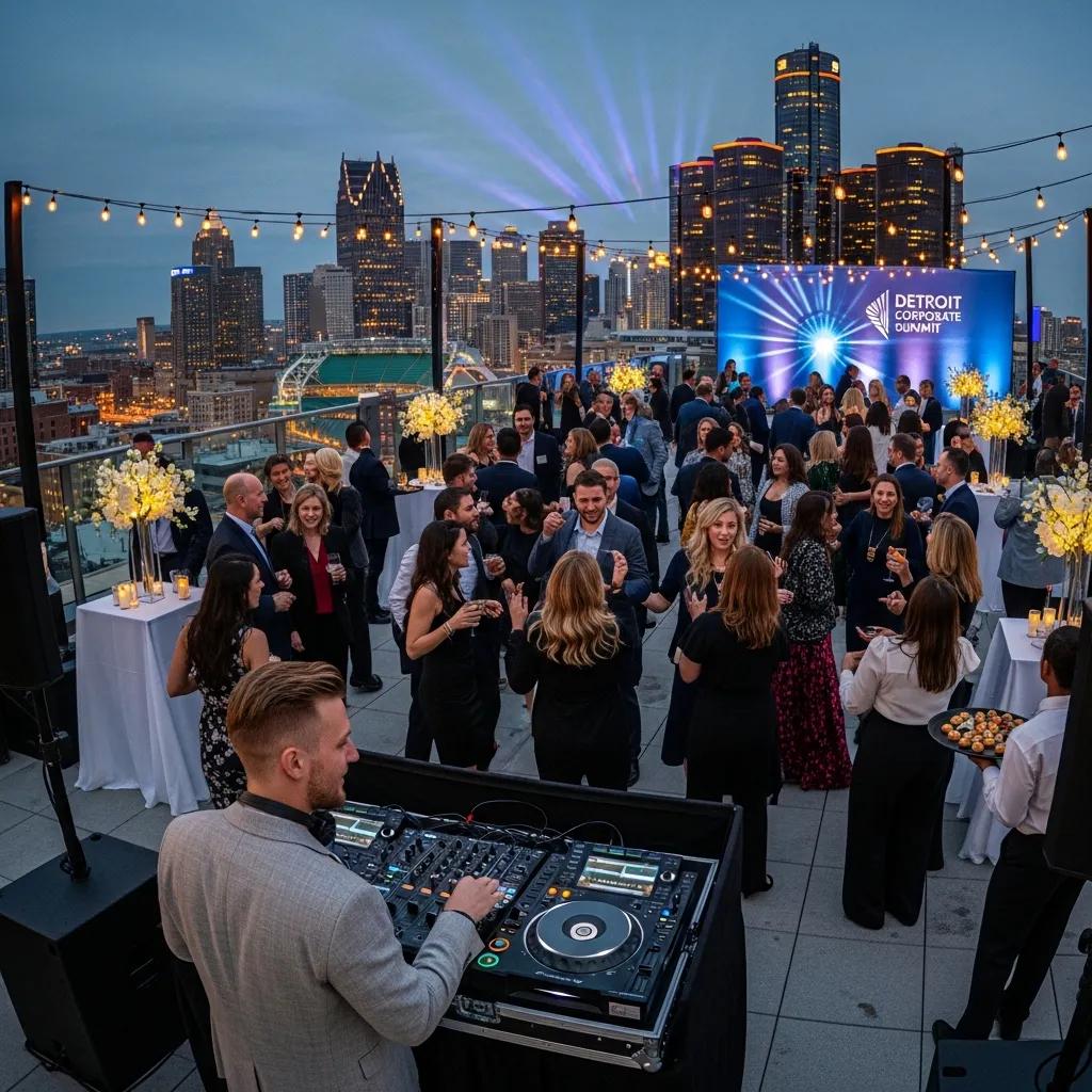 Corporate event in downtown Detroit with guests enjoying a DJ and lively atmosphere