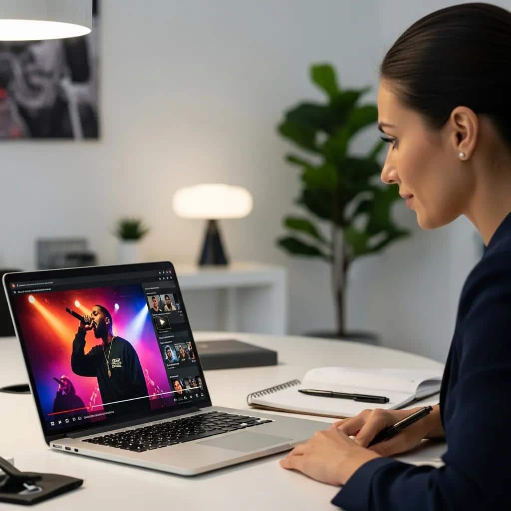 Corporate event planner reviewing rap artist profiles on a laptop in a modern office