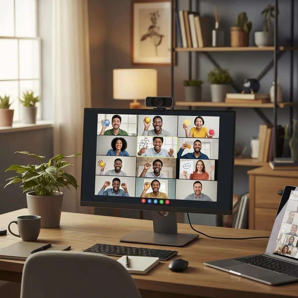 Diverse participants engaging in a virtual team-building session, highlighting remote collaboration and interaction