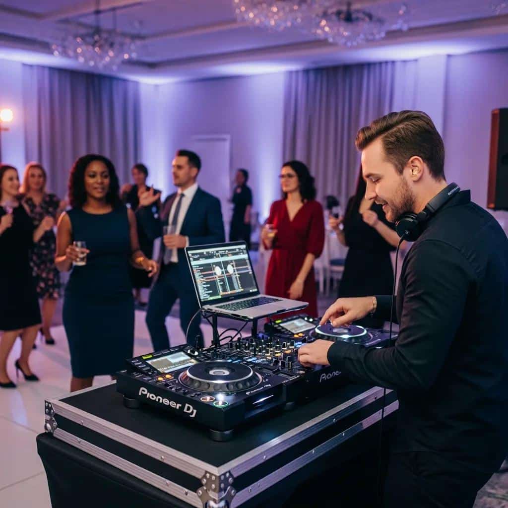 DJ entertaining guests at a small corporate event, enhancing the atmosphere