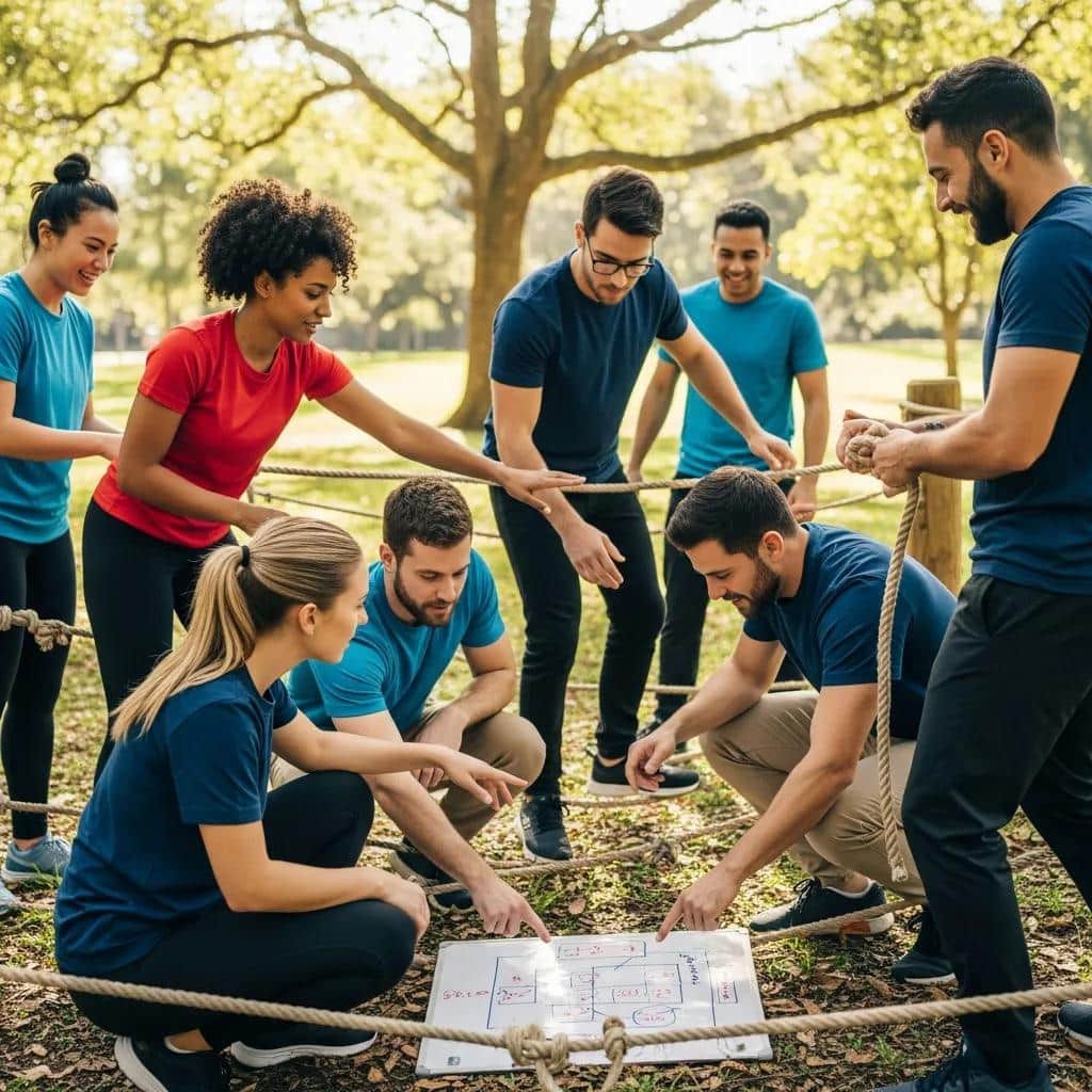 Employees collaborating in an outdoor problem-solving challenge, showcasing teamwork and engagement