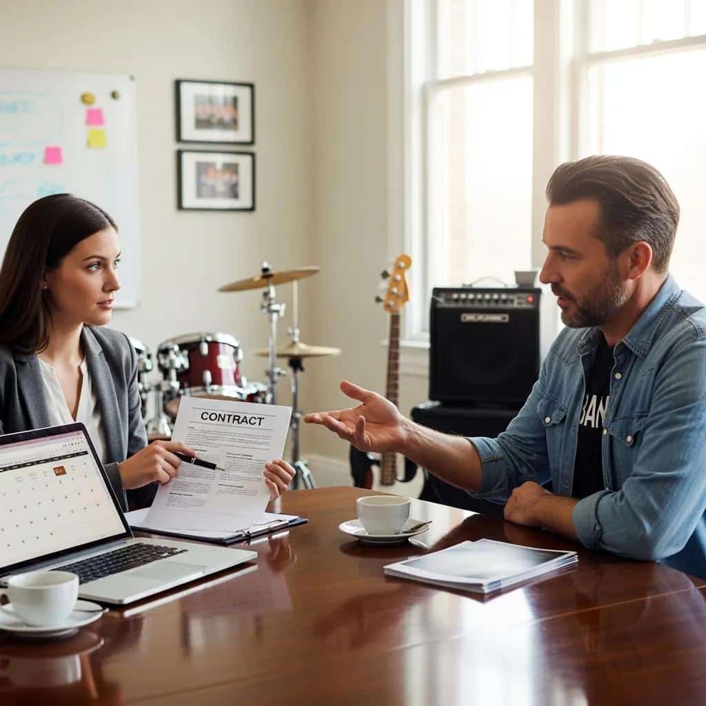 Event planner discussing booking details with a live band representative, emphasizing best practices