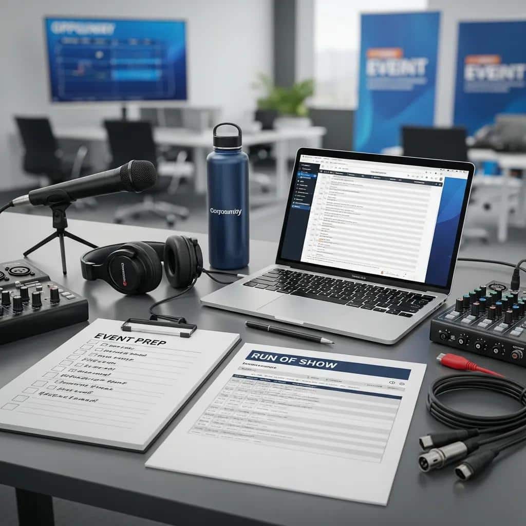 Event planning materials and checklist for confirming logistics before hiring an emcee