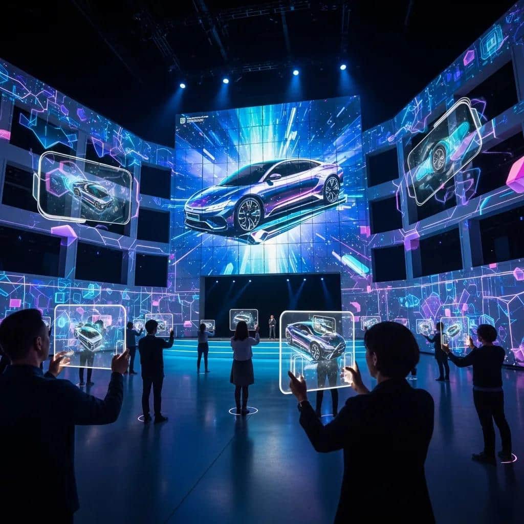 Futuristic product launch with technology integration and audience interaction