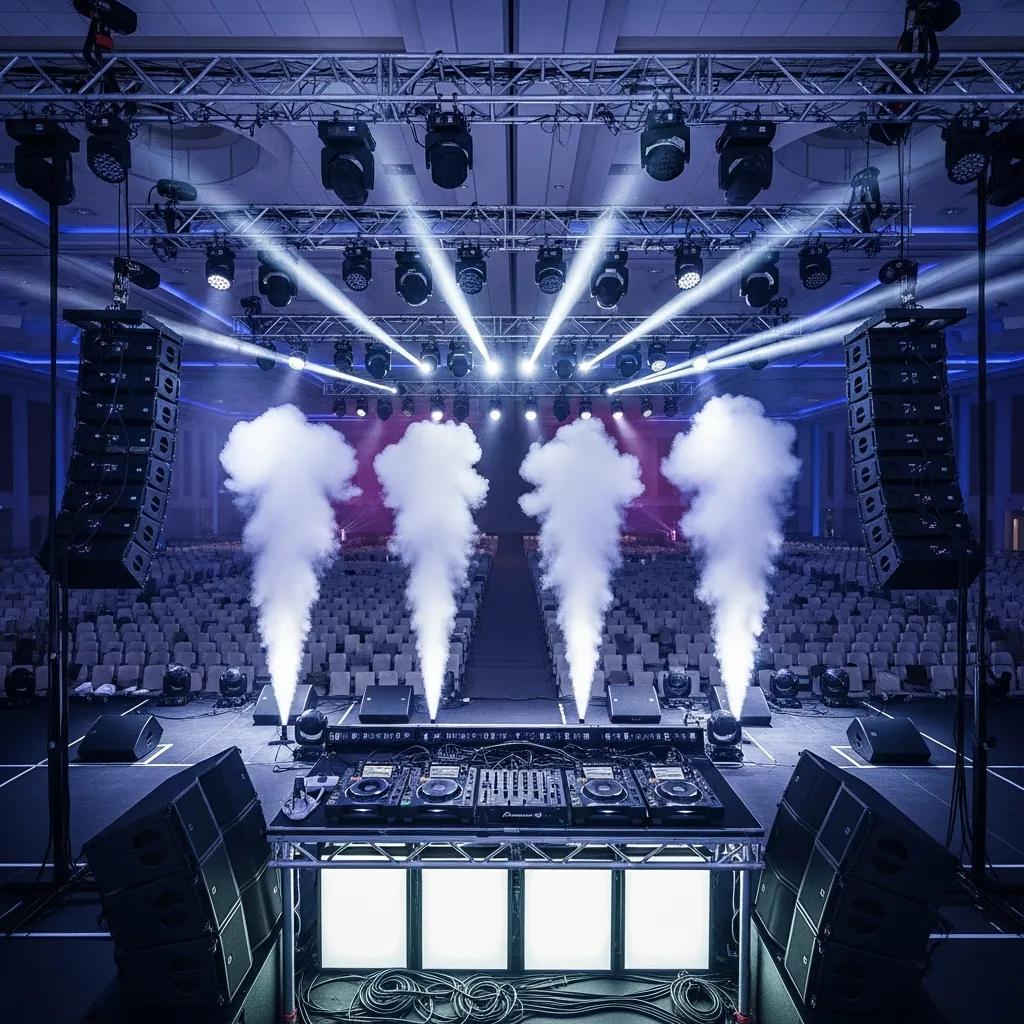 Large venue DJ setup showcasing professional sound equipment and technical organization for corporate events