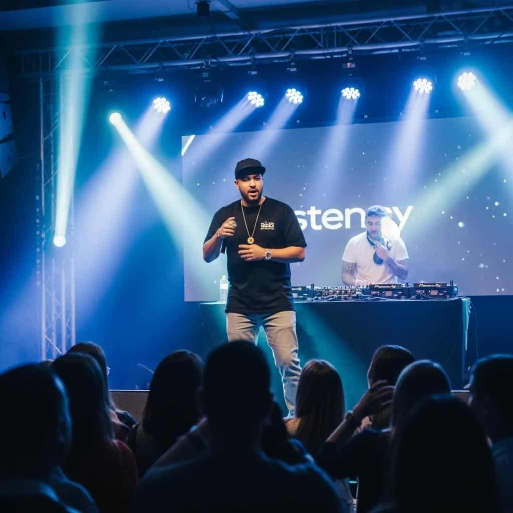Live hip-hop performance at a corporate event with an engaging rap artist and enthusiastic audience