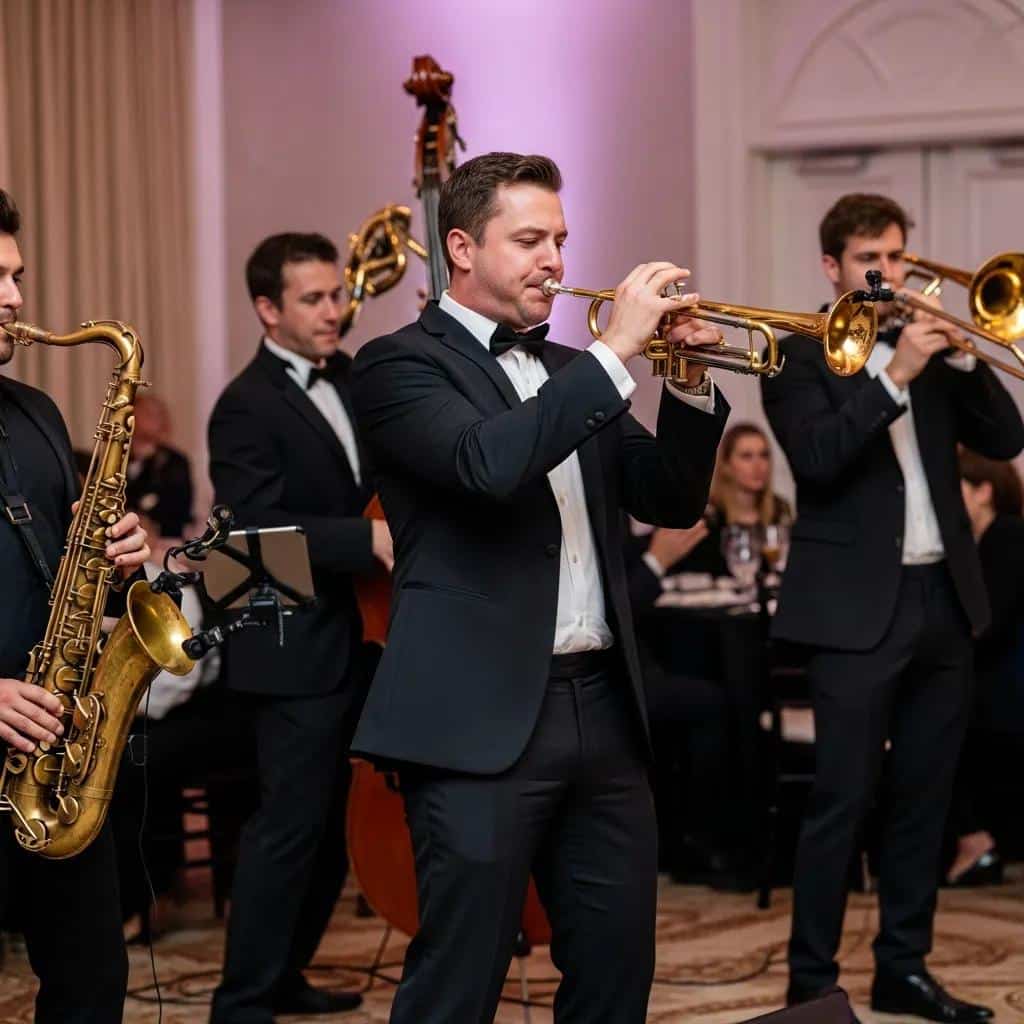 Live jazz band performing at a corporate gala with trumpet, saxophone, and trombone players