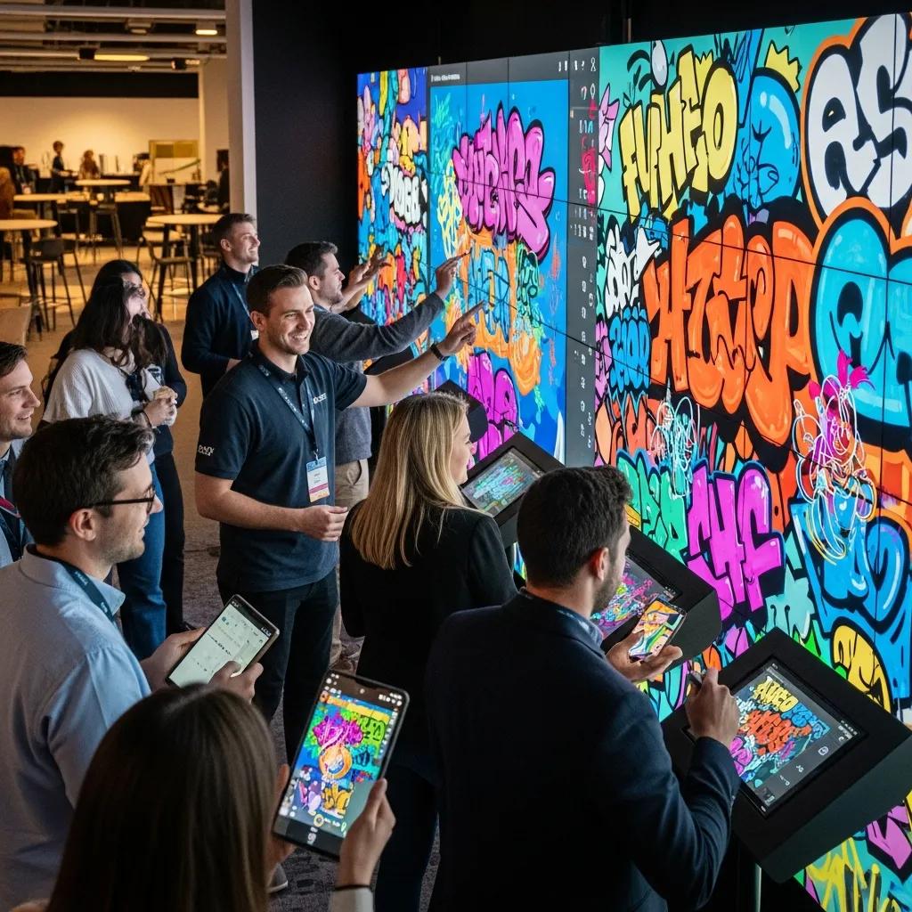 Participants creating digital graffiti art at a corporate event, highlighting interactive entertainment