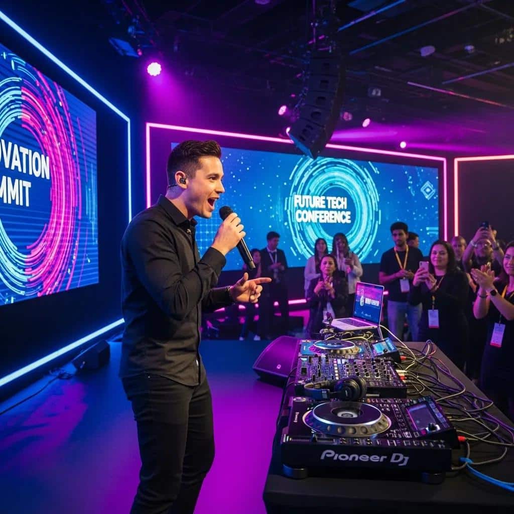 Professional emcee hosting a tech event with DJ setup and engaged audience
