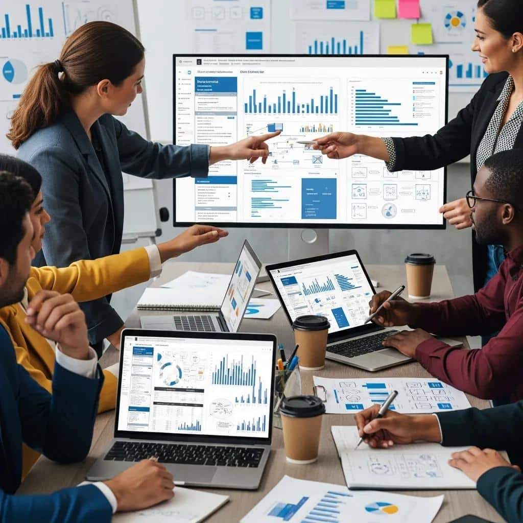 Professionals collaborating on planning a tech event, showcasing teamwork and strategic discussions